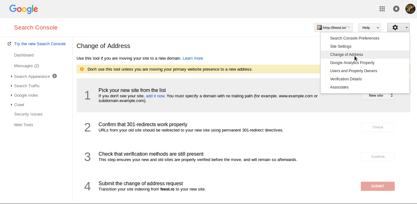 Google change of address 301 redirect